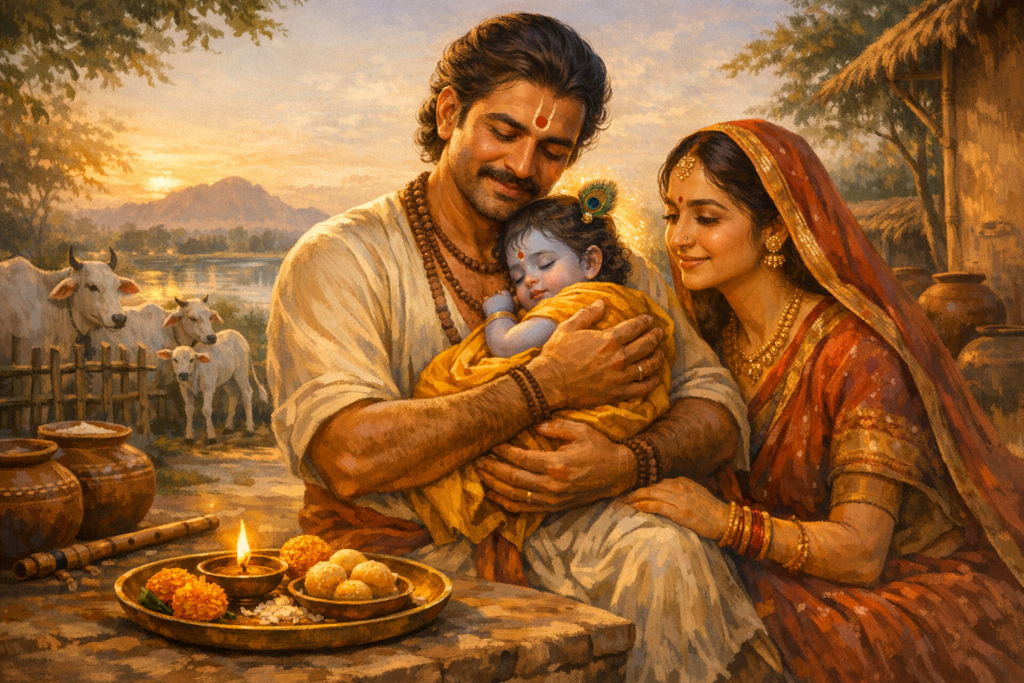 Warm village painting of a couple in traditional dress cradling a blue-skinned baby with a peacock feather; cows, flute, diya, and laddus nearby at sunset by a river, evoking Janmashtami devotion.