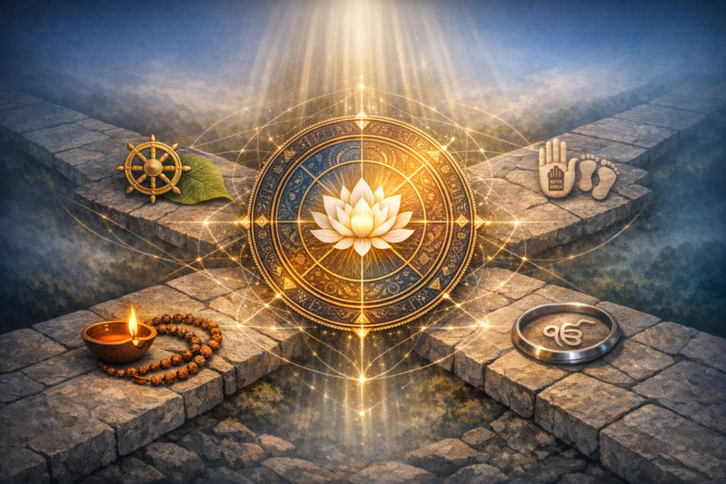 Golden lotus at the center of a glowing mandala unites four stone paths, flanked by a diya and beads, a dharma wheel on a leaf, a Jain ahimsa hand with footprints, and a metal disc with Ik Onkar.