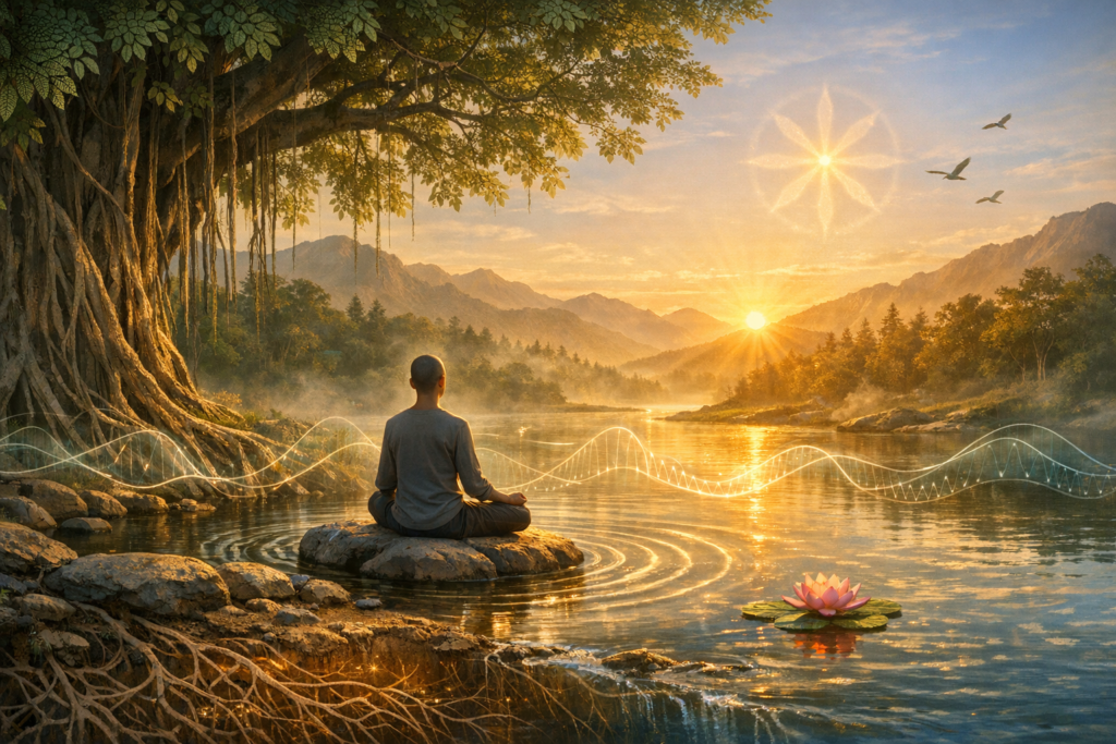 Person meditating on a river rock at sunrise beneath a banyan; lotus on still water, misty mountains and birds beyond, subtle geometric sun halo and glowing wave lines for mindfulness and wellness.