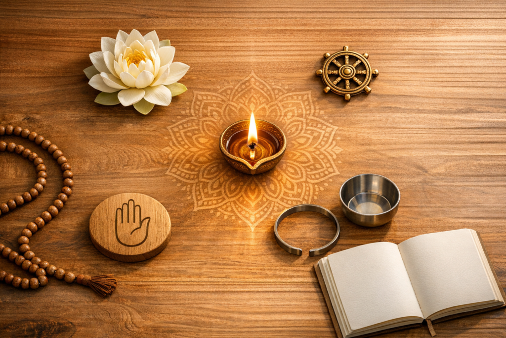 Top-down view of a lit oil lamp on a mandala pattern, surrounded by a white lotus, mala beads, hand-symbol token, eight-spoked wheel, metal bangle, small bowl, and open journal on a wooden surface.