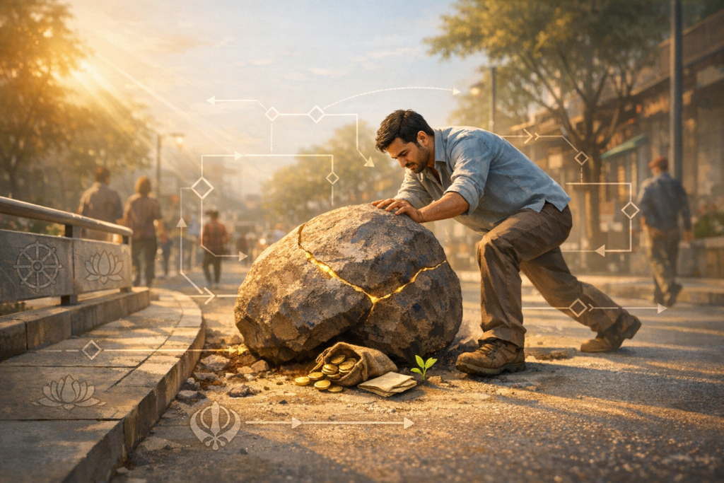 On a sunlit city street, a person pushes a cracked boulder with glowing seams, revealing a pouch of coins and a small sprout, while subtle flowchart arrows suggest strategy, resilience, and growth.
