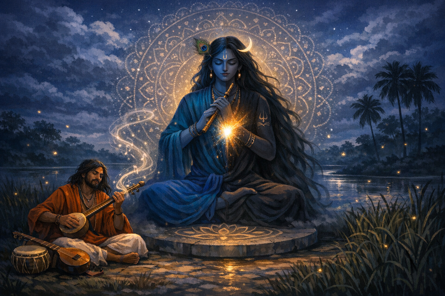 Devotional night by a river: a calm, blue-skinned figure plays a flute on a lotus platform, haloed by a mandala, while a seated musician strums nearby amid fireflies, palms and reflected starlight.
