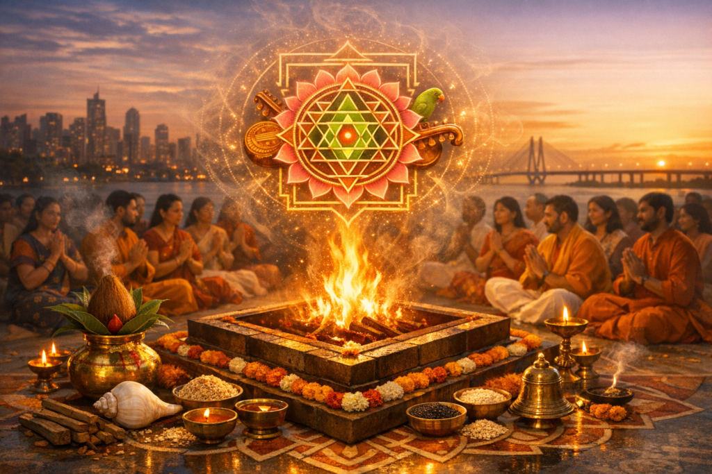 Sunset homa (Vedic fire ritual) by a waterfront: worshippers in saffron encircle a decorated havan kund with lamps, grains, kalash, a glowing Sri Yantra above; city skyline and bridge behind.