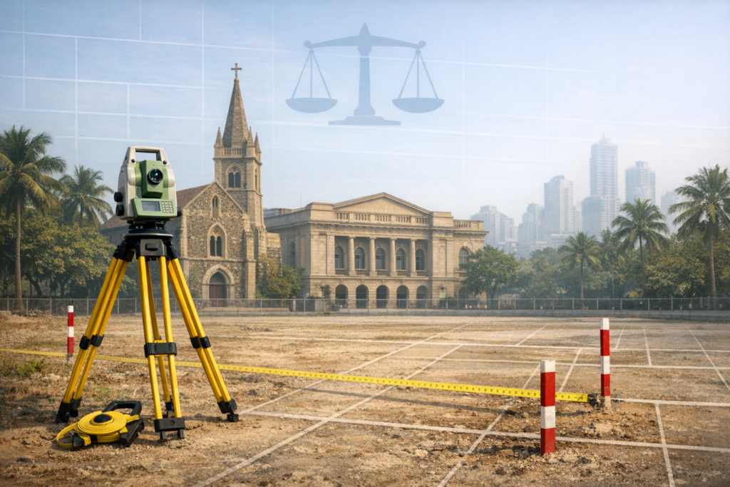 Total station on yellow tripod surveying a gridded, vacant lot with tape and boundary stakes; historic courthouse and church behind, city skyline in haze; justice scales overlay suggests land law.