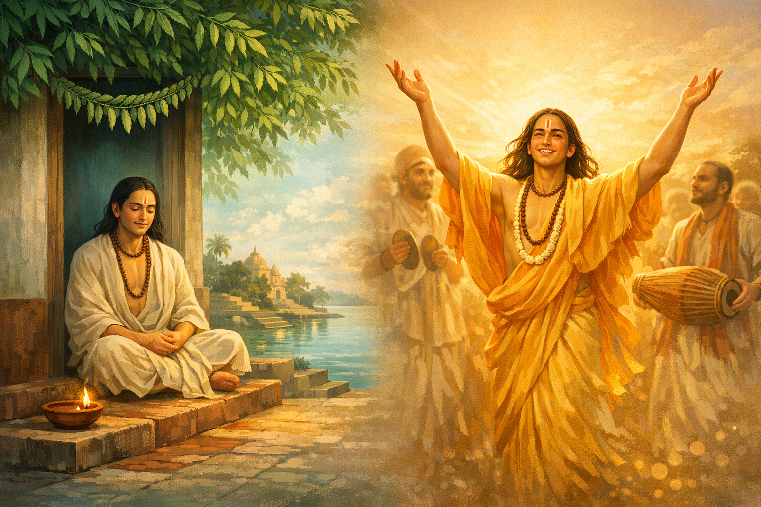 Split-scene illustration of a devotee: left, seated meditation by a riverside temple with a small lamp; right, jubilant kirtan with raised arms, mridanga drums and cymbals in golden light.