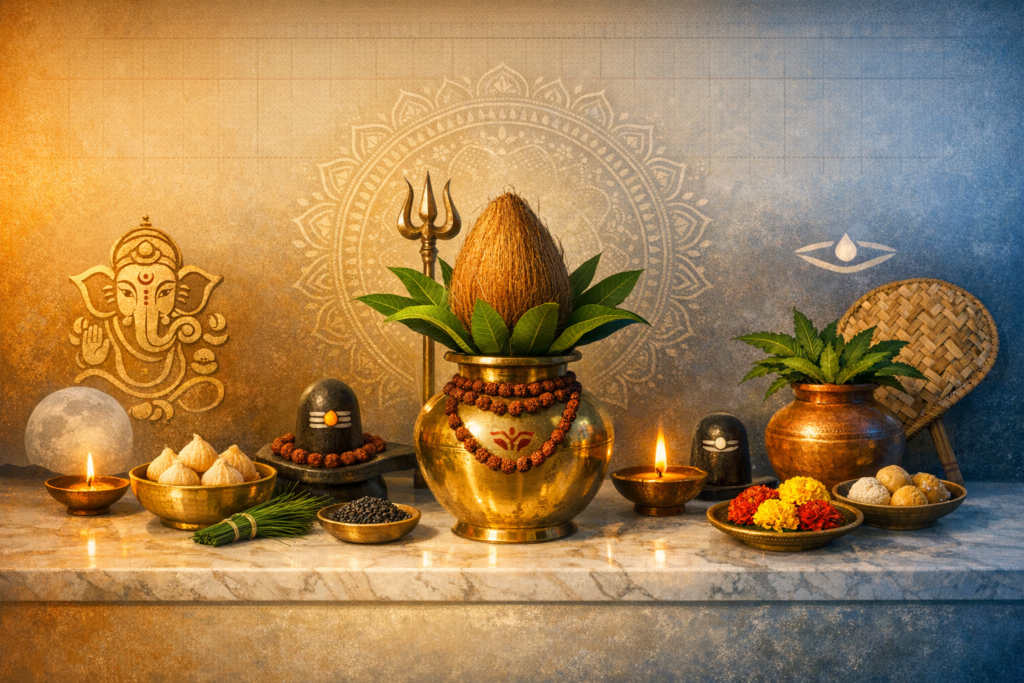 Marble altar with brass kalash crowned by coconut and mango leaves, flanked by trident, Shiva lingams with rudraksha, lit diyas, marigolds, modaks, laddus, sesame, and Ganesha wall art.