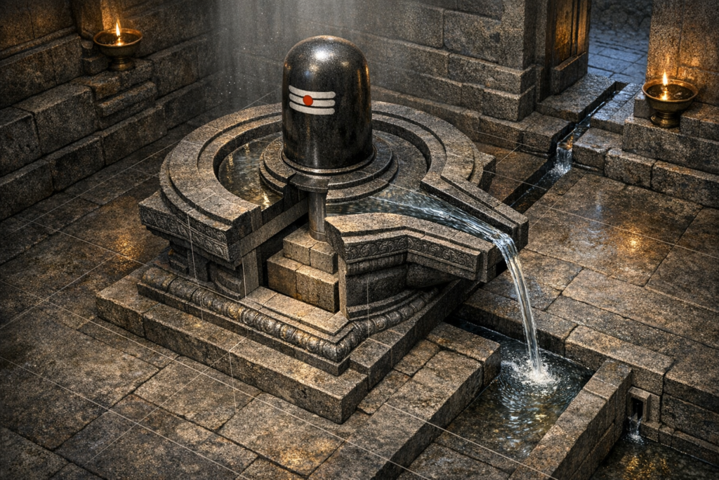 Granite Shiva lingam marked with white tripundra and a red bindu in a carved stone temple sanctum; water from the yoni spout streams into channels as oil lamps glow, evoking a ritual abhishekam.