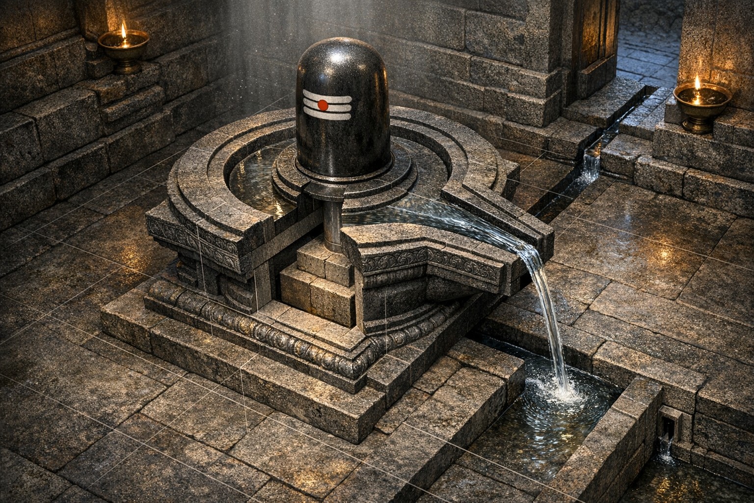Granite Shiva lingam marked with white tripundra and a red bindu in a carved stone temple sanctum; water from the yoni spout streams into channels as oil lamps glow, evoking a ritual abhishekam.