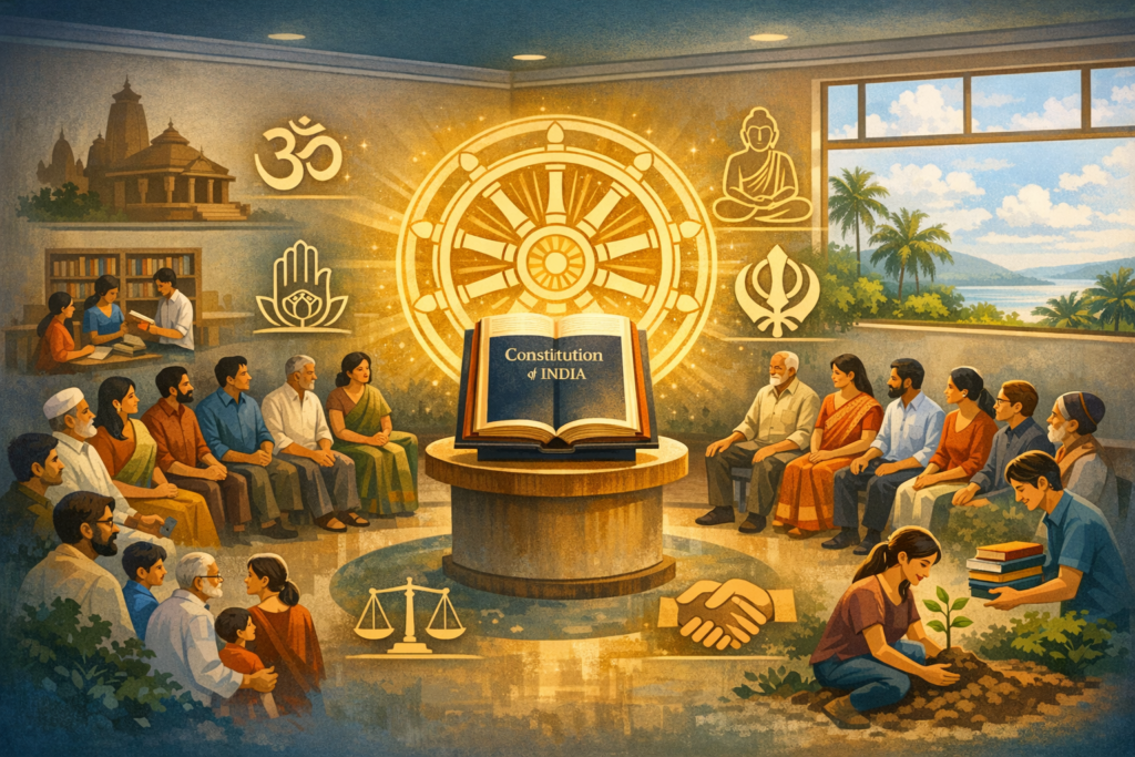 Illustration of diverse Indian citizens around a glowing Constitution of India, symbolizing democracy and secularism, with dharmachakra, faith symbols, scales of justice, handshake, and a sapling.