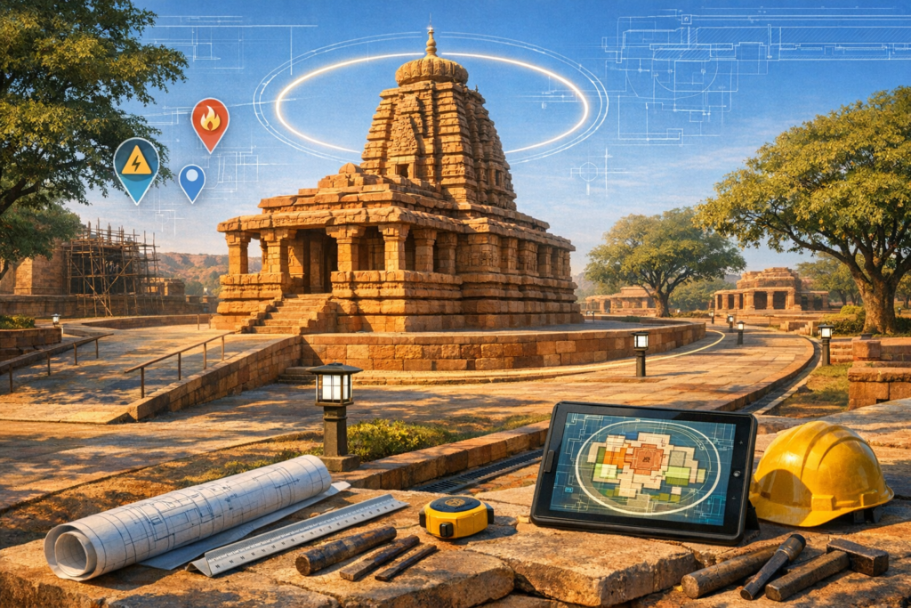 Sunlit stone temple under restoration with scaffolding, tools, blueprints, and a tablet site plan in front; GIS-style overlays and icons show heritage conservation, safety, and utilities.