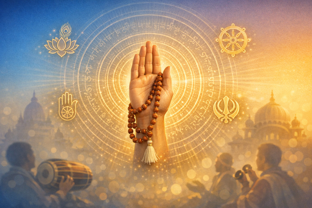 Raised palm holding rudraksha mala for prayer and meditation before a glowing mandala of sacred script, flanked by lotus, Dharma Wheel, Jain ahimsa hand, and Sikh Khanda, with temple silhouettes in warm light.