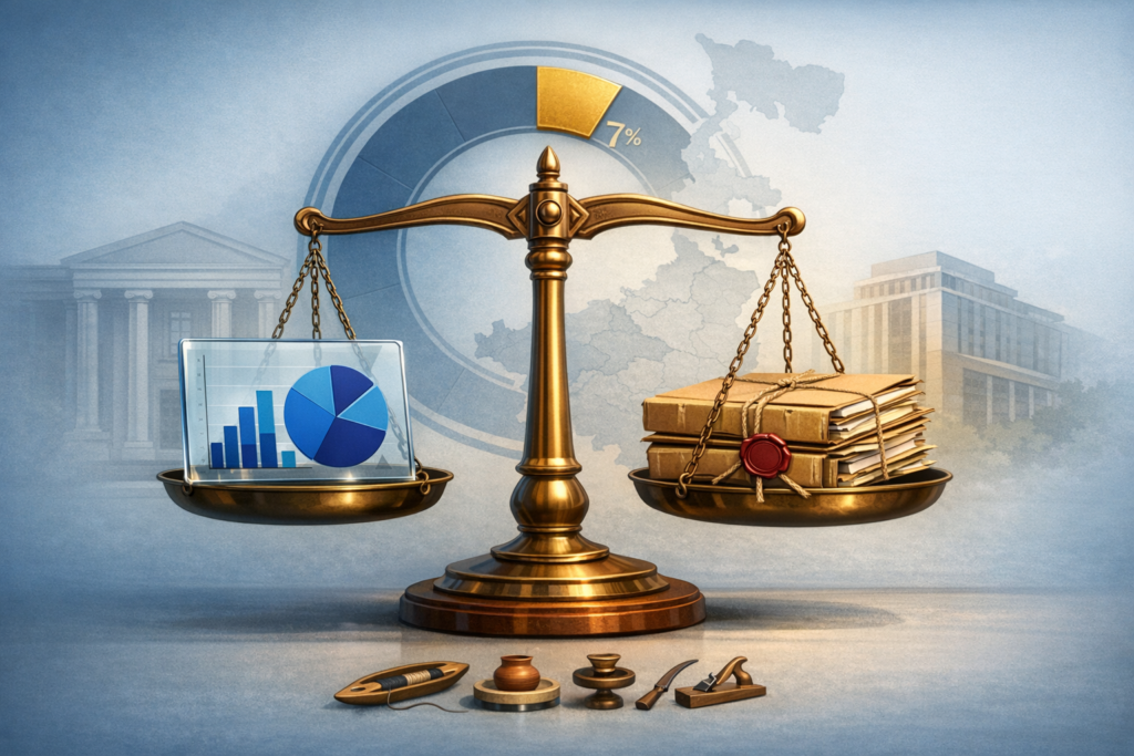 Golden scales balance a tablet of blue charts and sealed legal files; a 7% gauge over a map and government buildings, with tools below, signaling economic policy, tax and compliance trade‑offs.