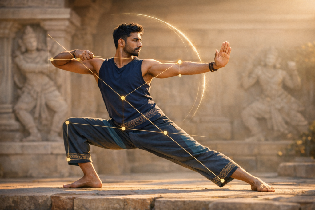 Man in a deep warrior lunge before stone carvings, right arm extended, left drawn back. Golden lines map joint alignment as sunset light highlights yoga, martial arts, mobility, and mindfulness.