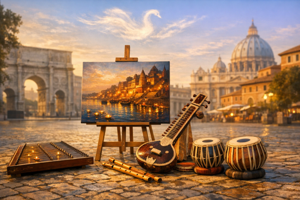 An easel shows a dusk painting of a lamp-lit riverside, set amid Indian instruments - sitar, tabla, bansuri, and santoor - on cobblestones, with a European arch and domed basilica in soft light.