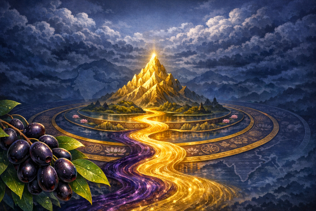 Fantasy artwork of a golden mountain crowned by starlight, a winding gold-and-violet river, lotus-dotted mandala terraces, and a foreground cluster of dew-covered jamun (java plum) fruit with glossy leaves.