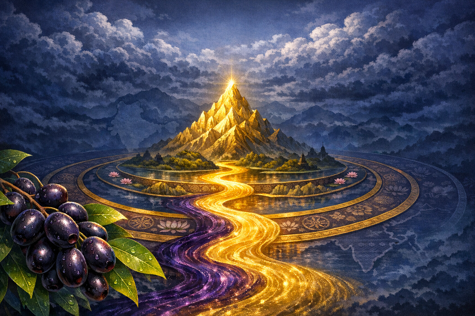 Fantasy artwork of a golden mountain crowned by starlight, a winding gold-and-violet river, lotus-dotted mandala terraces, and a foreground cluster of dew-covered jamun (java plum) fruit with glossy leaves.