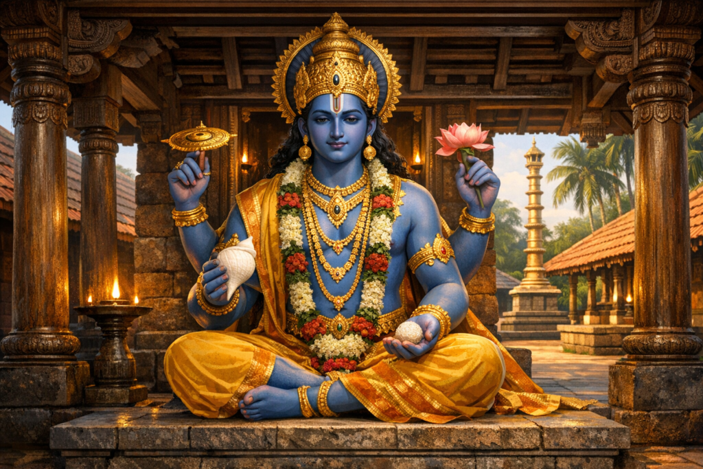 Blue-skinned, four-armed Hindu deity Vishnu seated in a stone temple mandapa, crowned and garlanded, holding conch, discus, lotus, and mace; oil lamps glow around carved South Indian stone pillars.