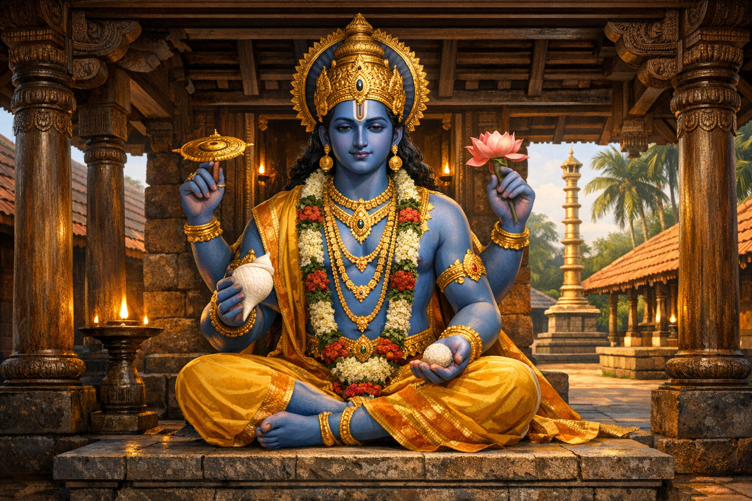 Blue-skinned, four-armed Hindu deity Vishnu seated in a stone temple mandapa, crowned and garlanded, holding conch, discus, lotus, and mace; oil lamps glow around carved South Indian stone pillars.