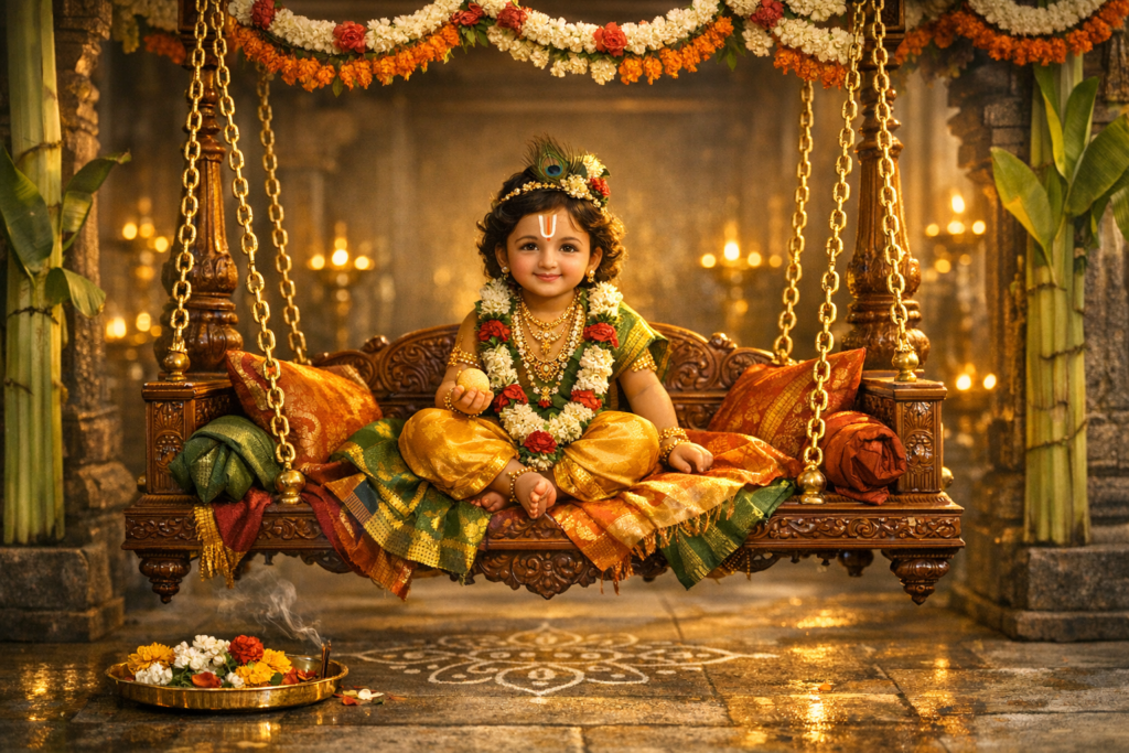 Child dressed as baby Krishna on an ornate wooden jhula, wearing green and gold silk, jasmine–marigold garlands, and jewelry; warm diyas and rangoli set a festive Janmashtami temple ambience.