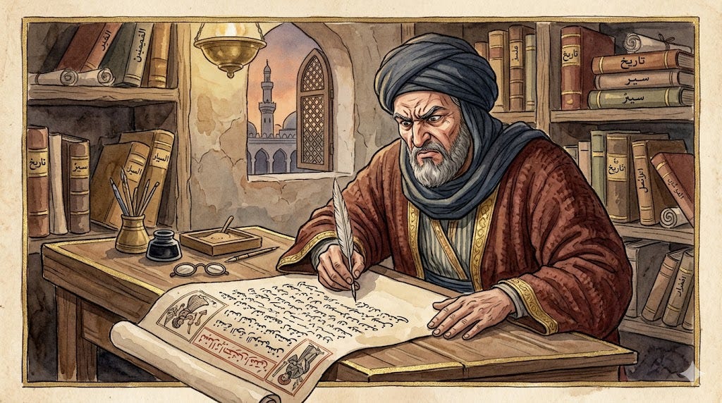 Illustrated medieval chronicler in a turban writing with a quill on a parchment scroll in a book-lined Islamic study; Arabic manuscripts, ink pot, and a minaret-lit window frame the scholar's desk.