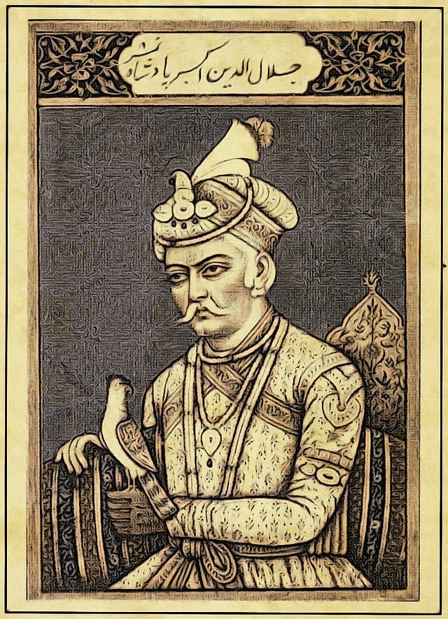 Miniature-style Mughal-era portrait of a richly dressed royal figure with a falcon, evoking court patronage of medieval Muslim chroniclers and debates about bias in historiography.