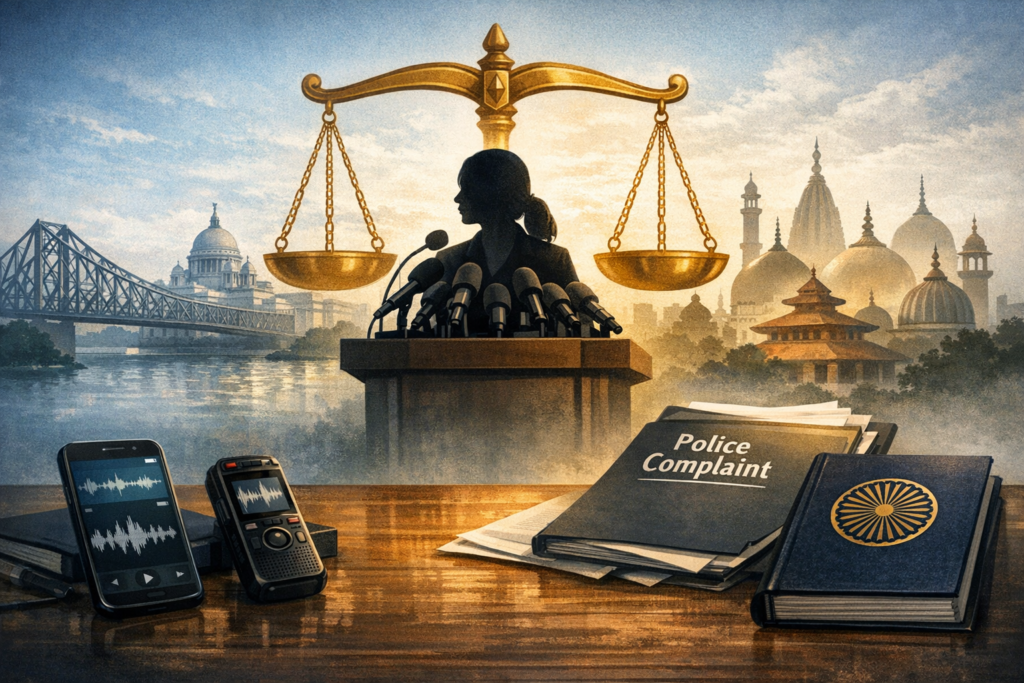 Illustration of a woman at a podium under golden scales of justice, Indian landmarks behind, beside police complaint files, phone and recorder, symbolizing evidence, due process and legal rights.