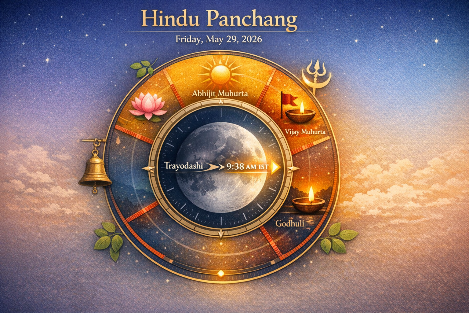 Illustrated Hindu Panchang for Friday, May 29, 2026, showing a lunar dial with Trayodashi tithi until 9:38 AM IST, and marked muhurta segments: Abhijit, Vijay, and Godhuli, with sacred icons.