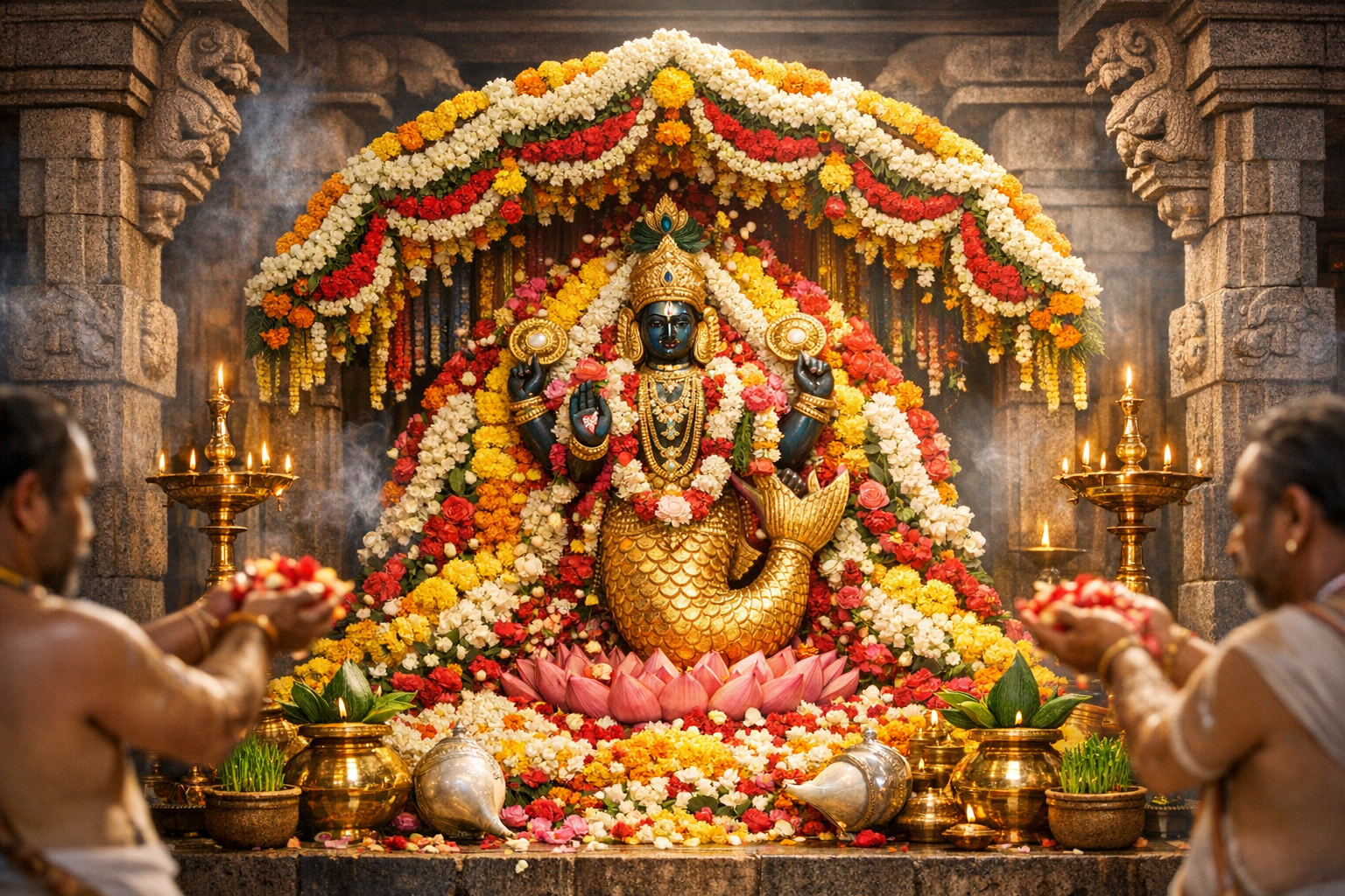Vishnu's Matsya avatar idol garlanded with marigold and jasmine in an Indian temple, brass lamps aglow, incense swirling, worshippers offering flower petals during a puja at the ornate shrine.