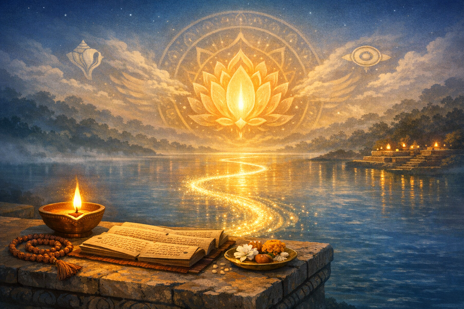At dusk by a river, a diya, open scripture, mala beads, and a plate of flowers rest on stone; a glowing lotus mandala rises above the water with a winding golden light path, {post.categories}