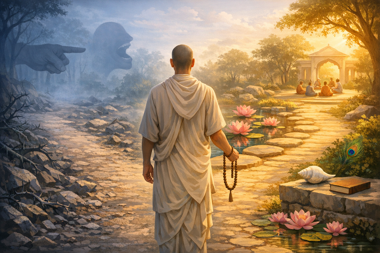 A robed seeker pauses at a crossroads: left, a bleak rocky trail with accusing shadows; right, a sunlit lotus path to a pavilion of meditators. Symbols and mood evoke {post.categories}.