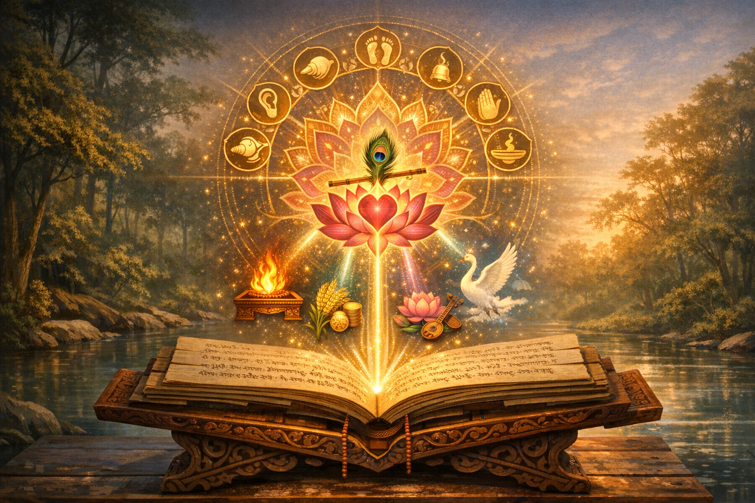 Illustrated Vedic Hindu scene: an open Sanskrit scripture on a carved stand by a river, radiating a golden lotus mandala with peacock feather, flute, yajna fire, swan, grains, veena, and sacred icons.