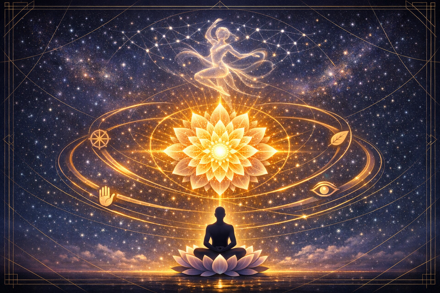 Starry illustration of a person meditating on a lotus beneath a bright golden mandala, with concentric orbits, a constellation dancer, and orbiting symbols: wheel, hand, eye, and leaf.