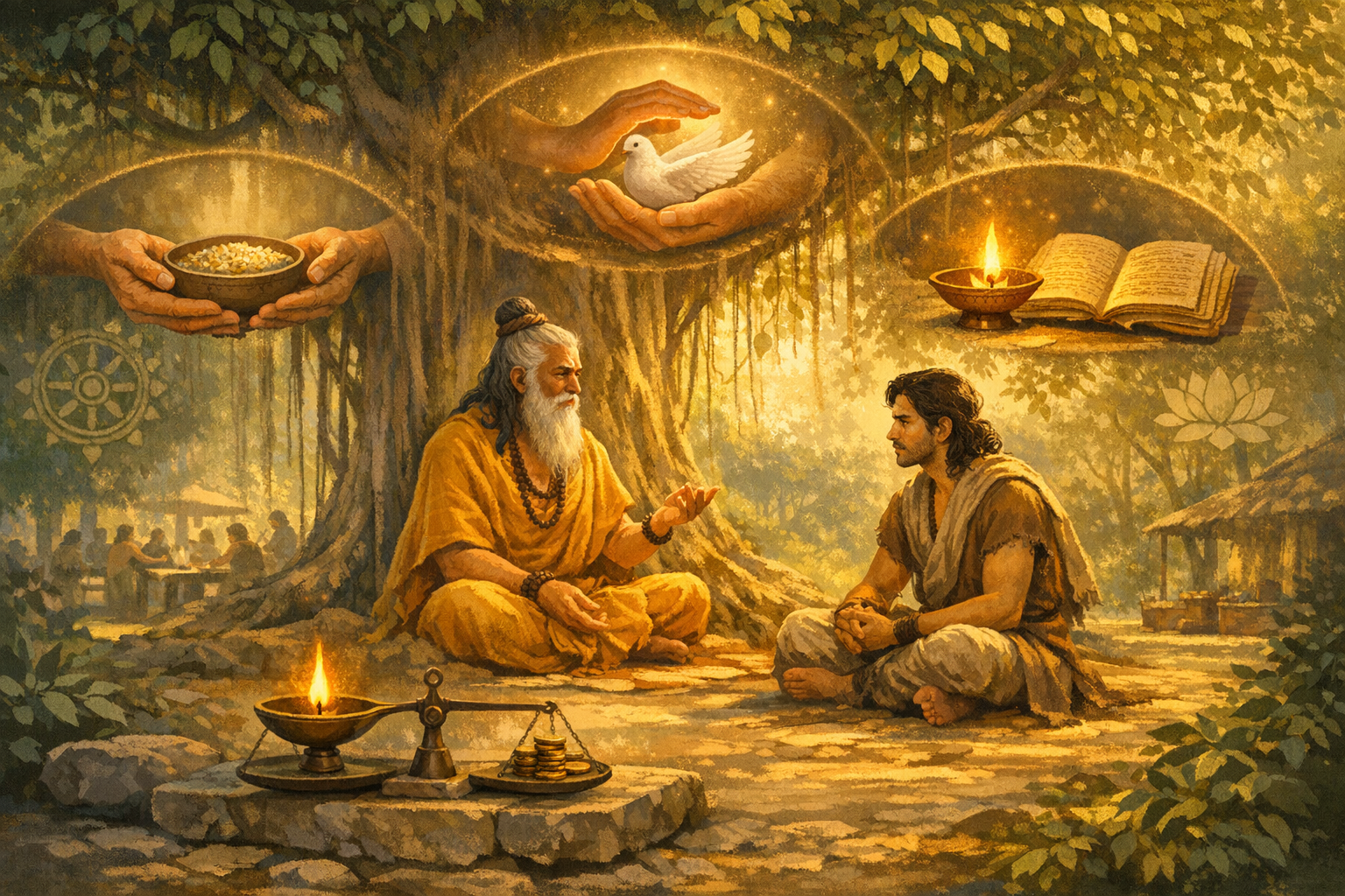 An elder spiritual sage mentors a young seeker beneath a sunlit tree, with radiant symbols of compassion, generosity, learning, and justice: lamp, scales with coins, rice bowl, dove, and open book.