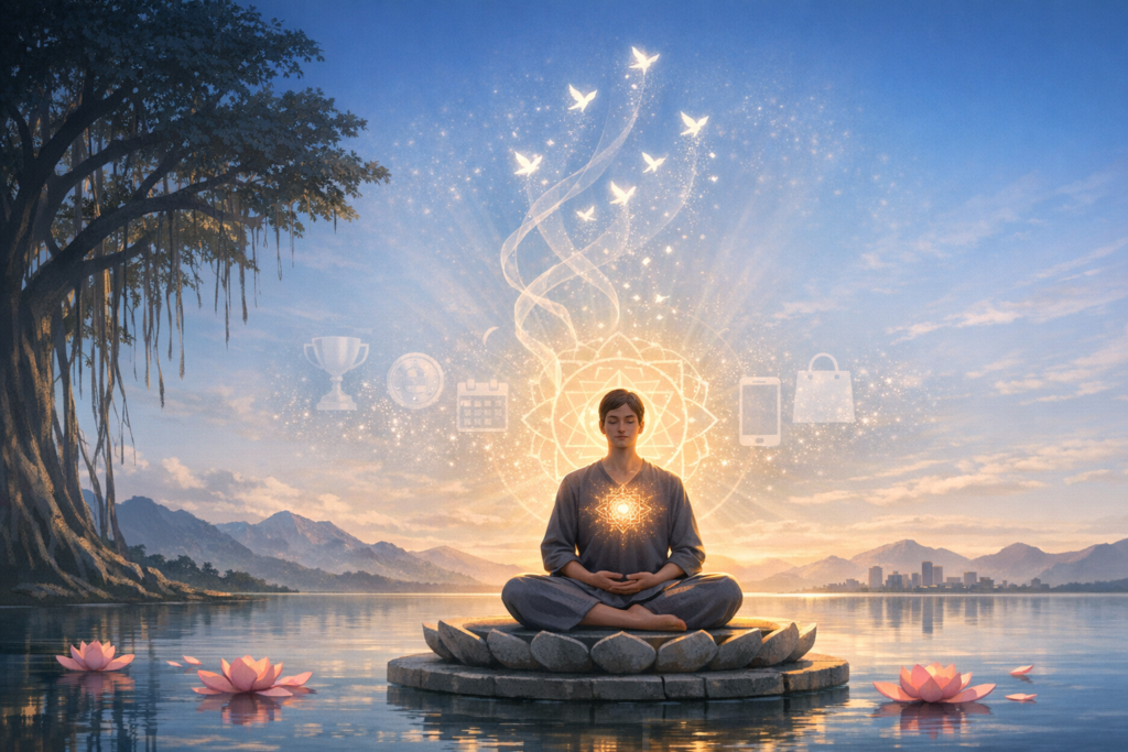 At sunrise, a person practices mindfulness, meditating on a lotus-shaped stone in a calm lake; a heart chakra glows as birds swirl and faint icons of a trophy, coin, calendar, phone, and bag fade.