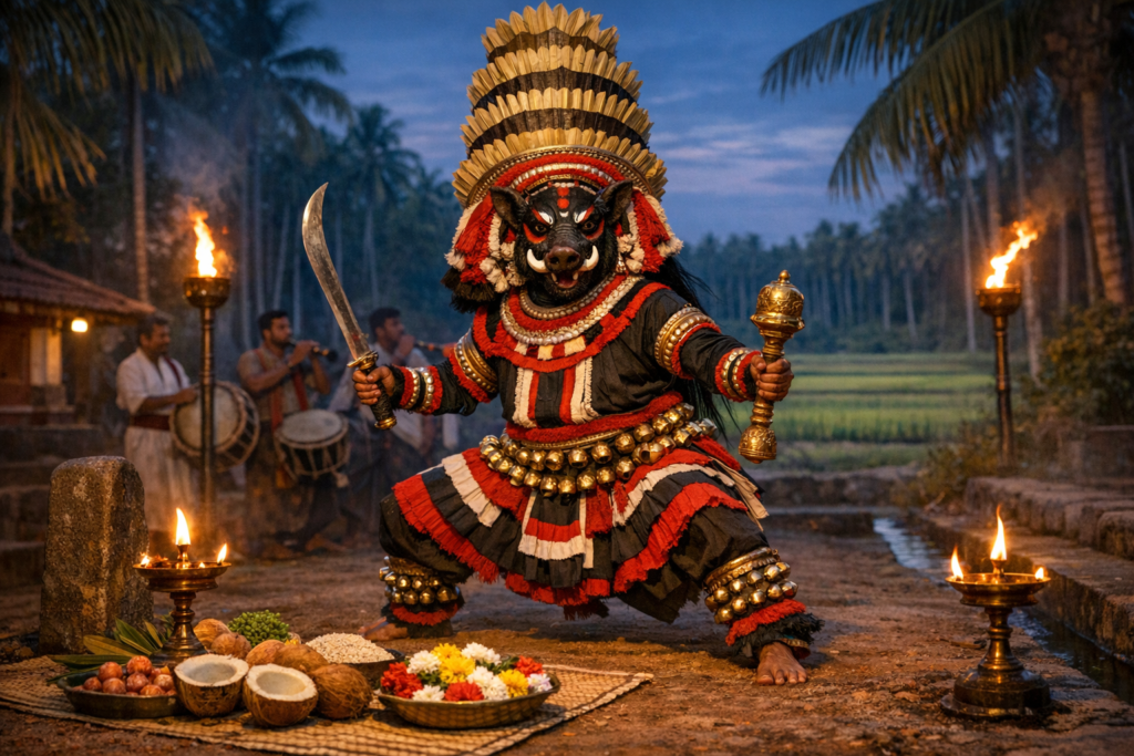 A Theyyam performer in Kerala, dressed in red-black costume with a boar mask, sword, and mace, poses near oil lamps and offerings as drummers play at dusk amid palms and rice fields.