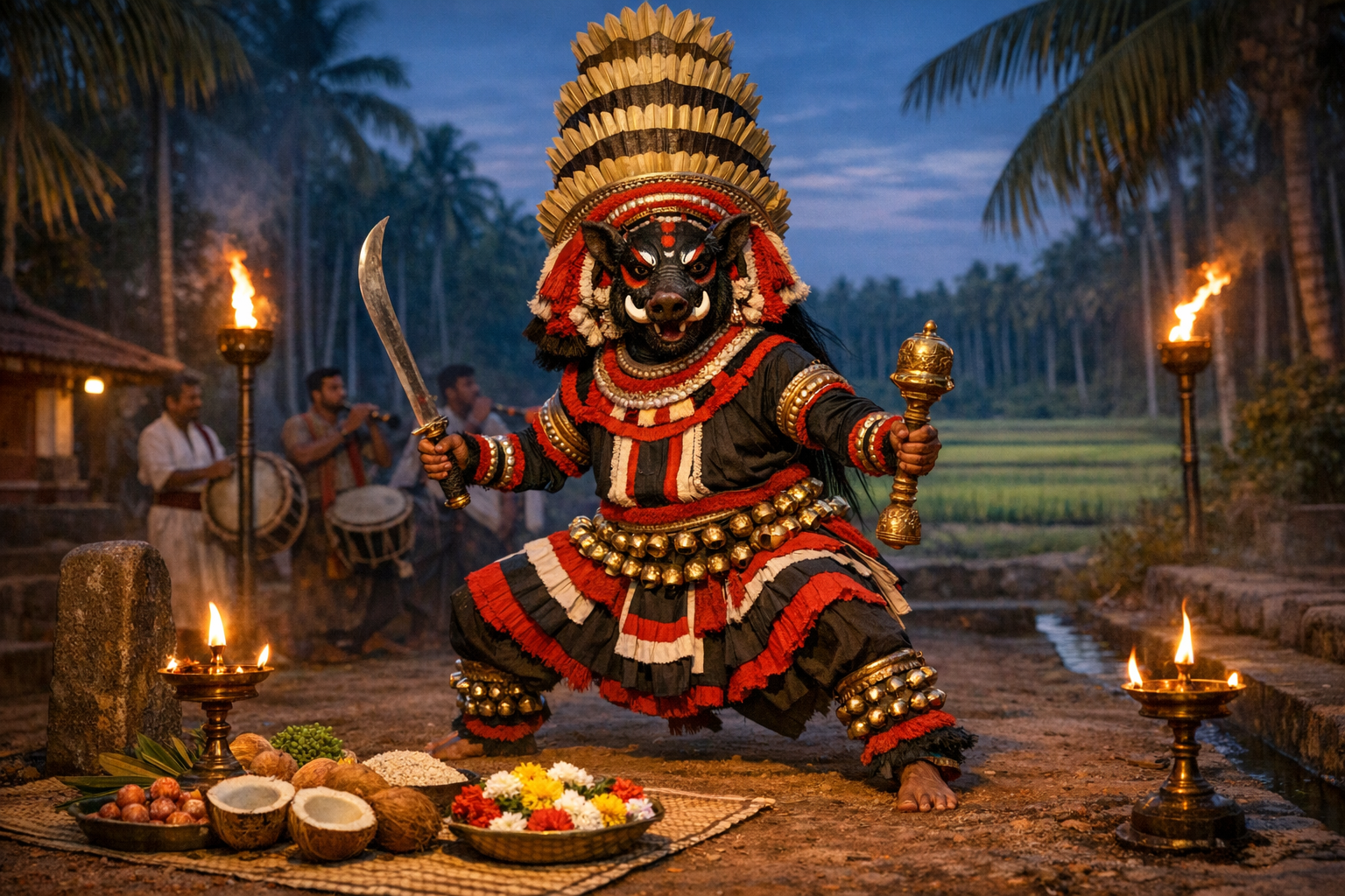 A Theyyam performer in Kerala, dressed in red-black costume with a boar mask, sword, and mace, poses near oil lamps and offerings as drummers play at dusk amid palms and rice fields.