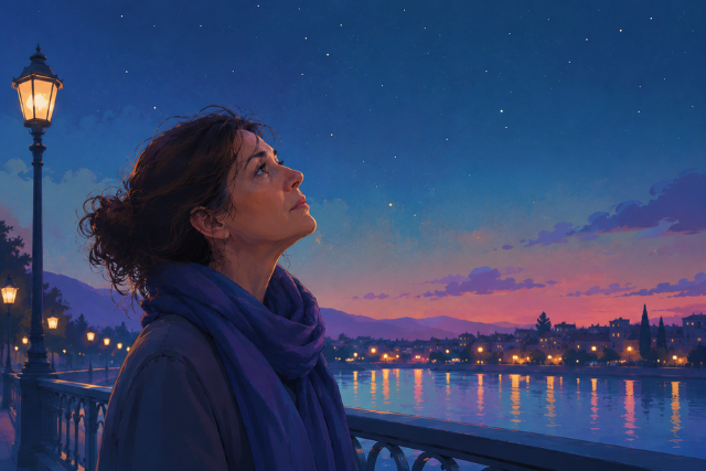 A woman in a blue scarf stands on a lamplit riverside promenade at twilight, gazing up at a clear, starry sky above a quiet town and distant hills reflected in the river.