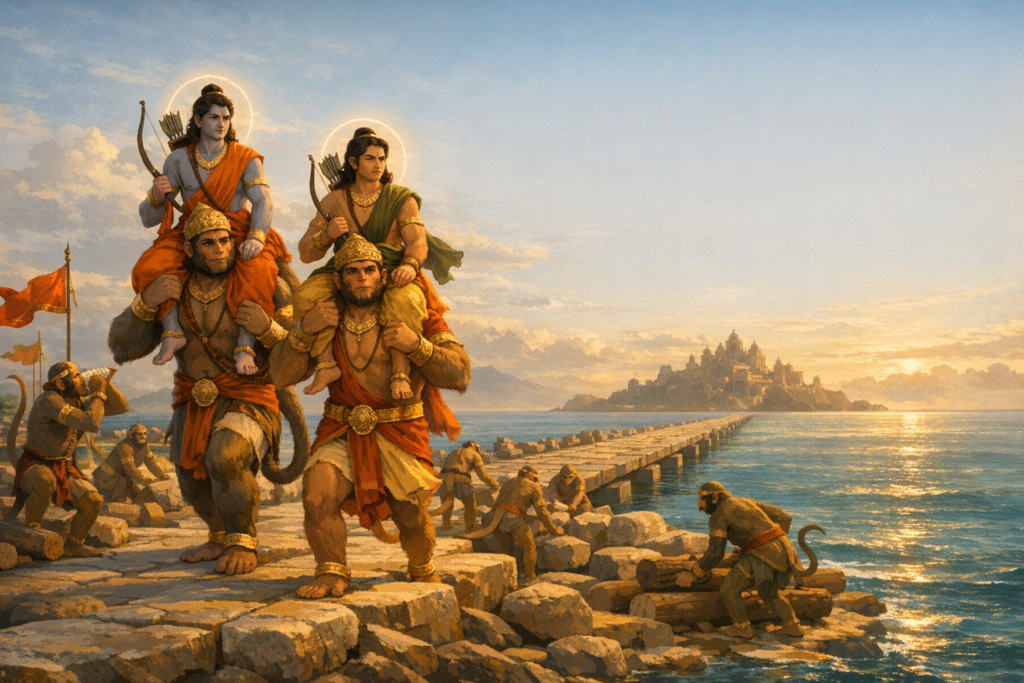 Illustration of a Ramayana scene: Rama and Lakshmana with halos ride on vanara warriors as the vanara army builds the stone Ram Setu across a sunlit sea toward Lanka's island citadel.