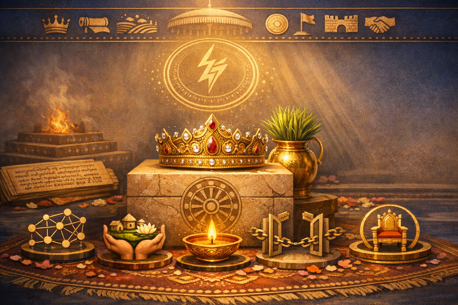 Jeweled crown on a stone pedestal under warm rays, with an oil lamp, sacred fire, ancient manuscript, brass pot with plant, and governance icons of village, network, broken chains, and throne.