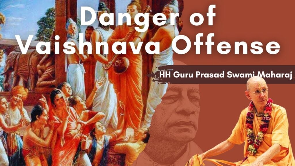 Promotional thumbnail titled 'Danger of Vaishnava Offense' for a Srimad-Bhagavatam SB 11.1.13–15 class, with a devotional painting, a saffron-robed monk with garland, and ISKCON Vrindavan; testing.