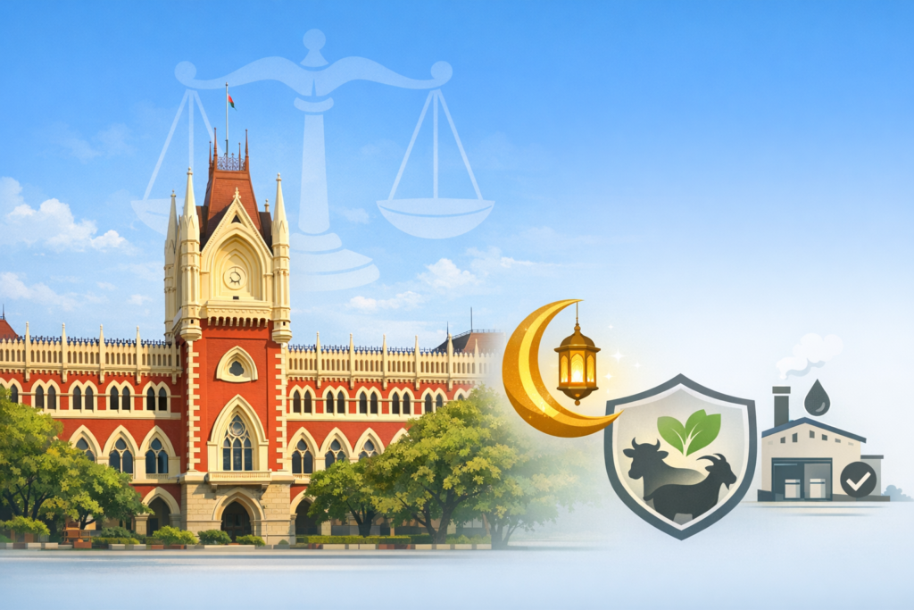 Illustration of the Calcutta High Court under a blue sky, with justice scales beside a crescent lantern, an animal‑welfare shield with cow and goat, and an abattoir—signalling Eid oversight.