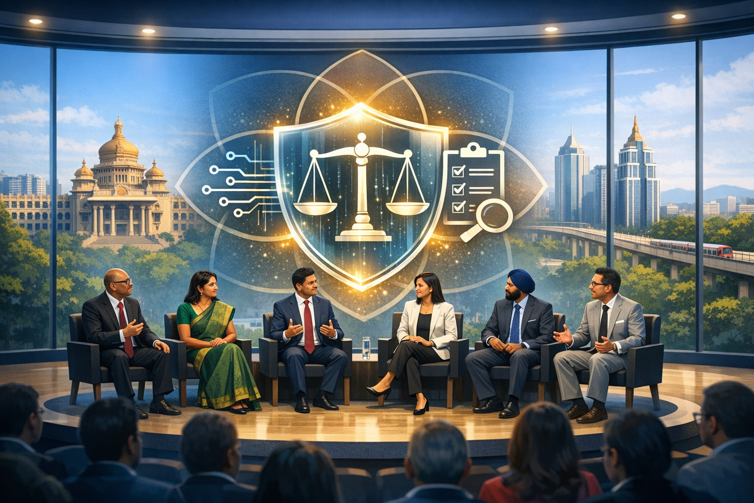 Six professionals discuss governance, regulation, and compliance before a shield-and-scales graphic with circuit lines and a checklist, set against a panoramic city skyline and a civic building.