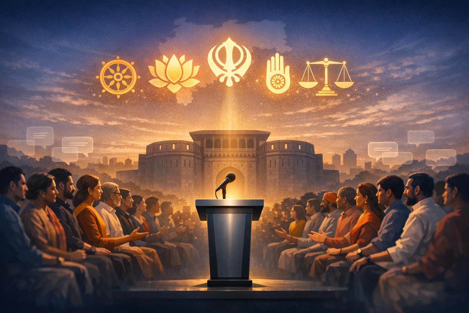 Lit podium before a government building at dusk, between two rows of citizens; overhead, golden faith symbols and justice scales suggest interfaith democracy and secular governance.