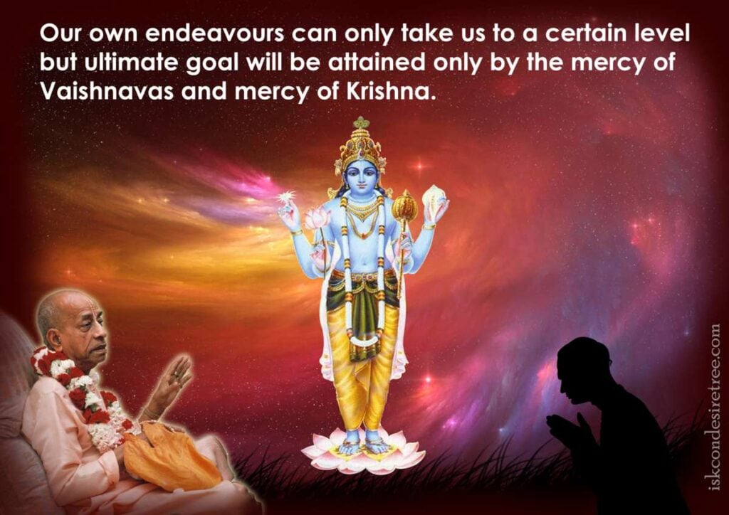 Devotional poster with a blue four-armed Hindu deity on a lotus, a praying silhouette, and an elderly garlanded man before a cosmic sky, highlighting prayer and testing one's spiritual progress.