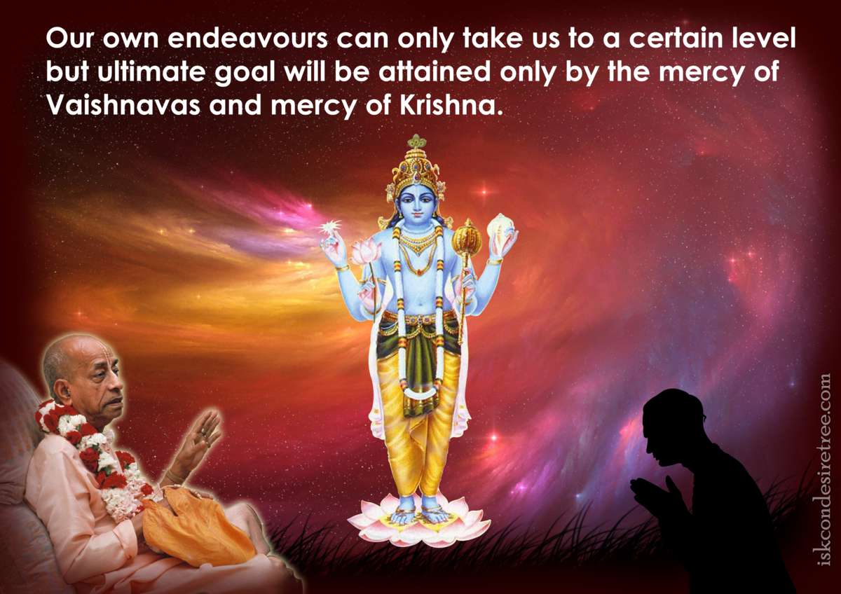Devotional poster with a blue four-armed Hindu deity on a lotus, a praying silhouette, and an elderly garlanded man before a cosmic sky, highlighting prayer and testing one's spiritual progress.
