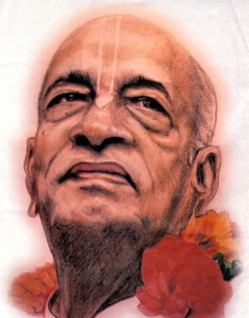 Close-up devotional portrait of an elderly man with a vertical tilaka on his forehead, gazing upward serenely, framed by orange and red flowers; soft tones, featured in a testing Nectar post.