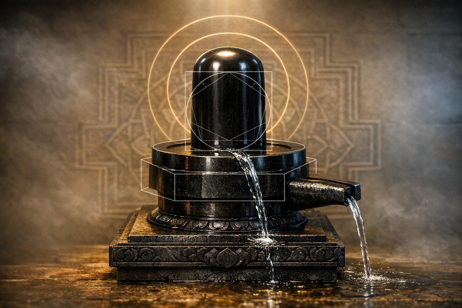 Glossy black Shiva lingam on a carved stone pedestal, water streaming from the yoni spout; warm golden light, incense-like mist, and subtle sacred geometry create a calm, reverent temple scene.