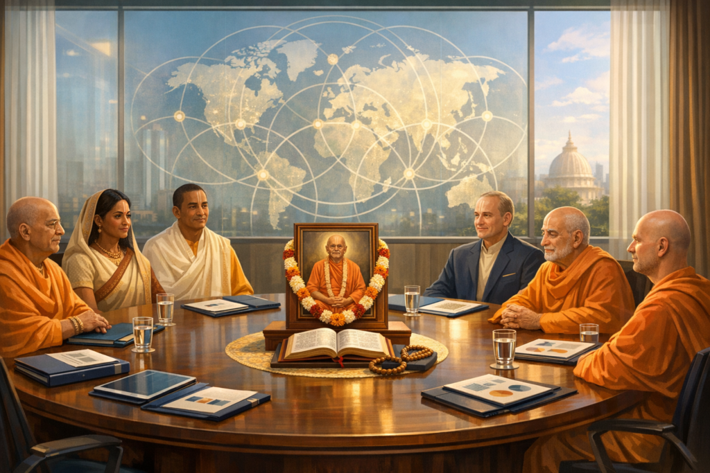 Monks and lay leaders sit at a round table with a garlanded portrait, open scripture, and prayer beads; a world map of linked nodes behind them suggests global faith leadership, governance, and outreach.