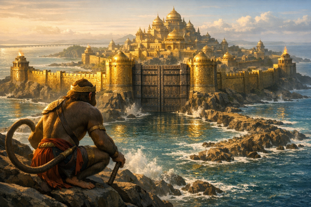 A tailed warrior crouches on wave-sprayed rocks, watching a vast island citadel with golden domes, lit towers, and a colossal sea gate; evening light gilds the fortress walls. {post.categories}