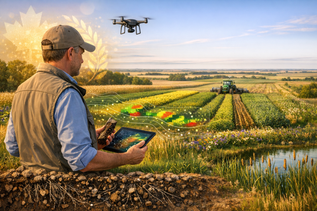 Farmer in cap checks tablet heatmaps while a drone surveys striped crop rows; a green tractor works near a pond and wildflowers, with a soil cross-section and roots visible in the foreground.
